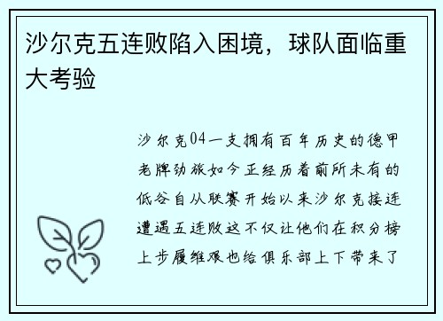 沙尔克五连败陷入困境，球队面临重大考验