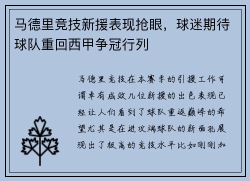 马德里竞技新援表现抢眼，球迷期待球队重回西甲争冠行列