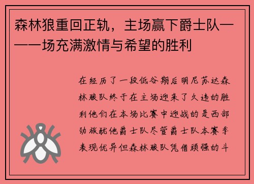 森林狼重回正轨，主场赢下爵士队——一场充满激情与希望的胜利